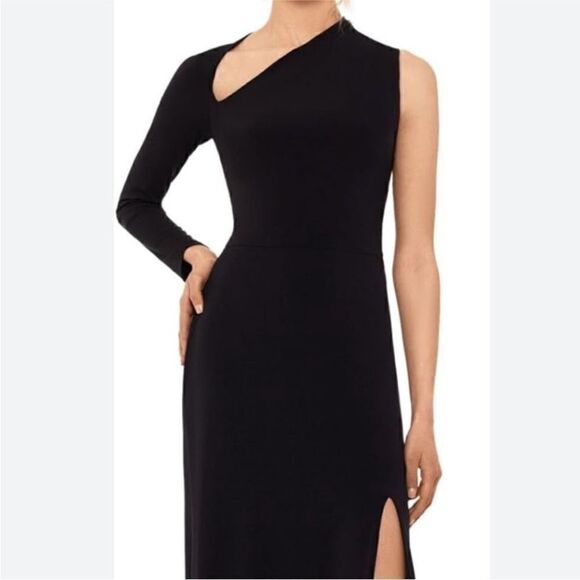 NWT Betsy & Adam Long Jersey Asymmetrical Sleeve Gown - Picture 2 of 10